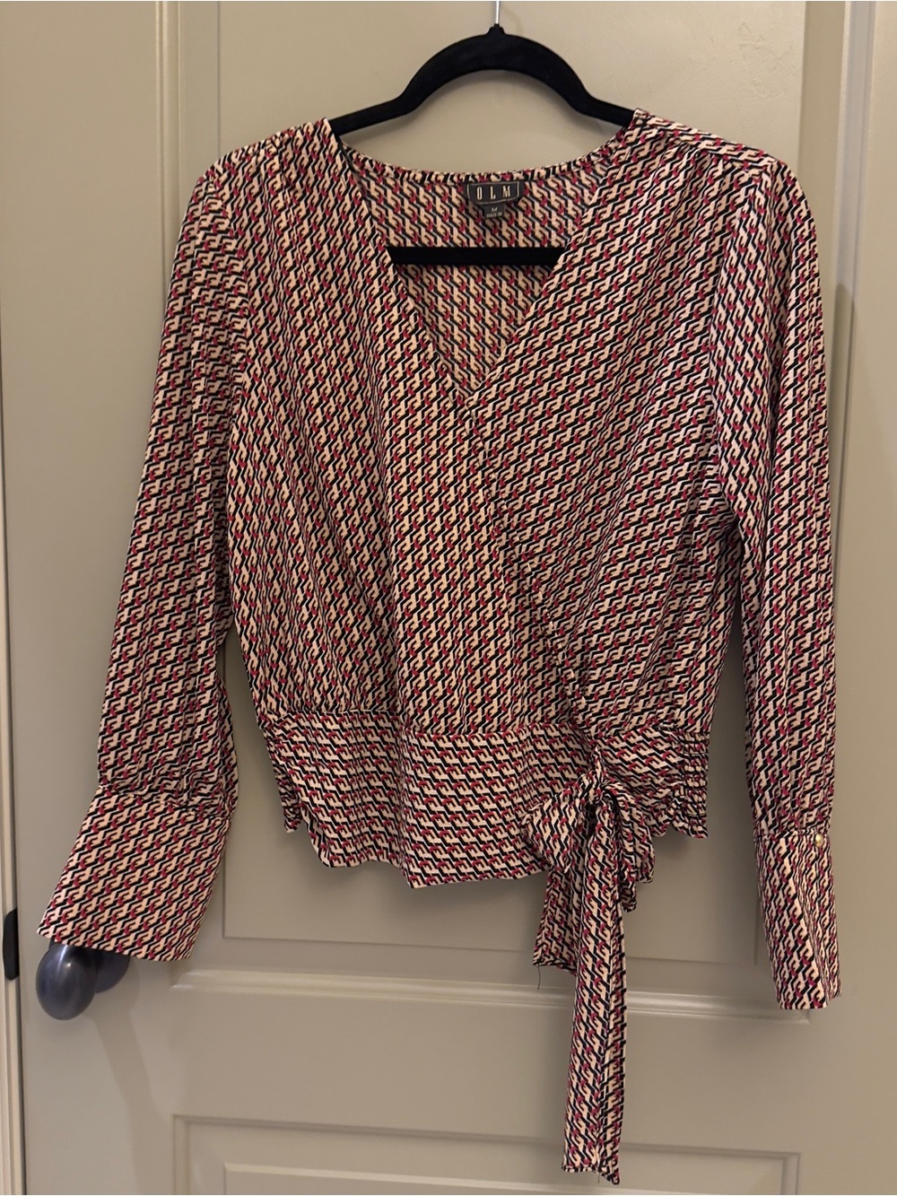 OLM Red, Cream & Black Geometric Wrap Blouse with Side Tie